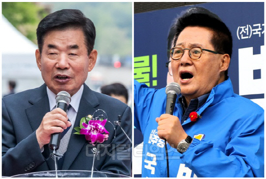 김진표 국회의장(왼쪽)과 박지원 전남 해남·완도·진도 당선인. <디지털타임스 이슬기 기자, 디지털타임스 DB>